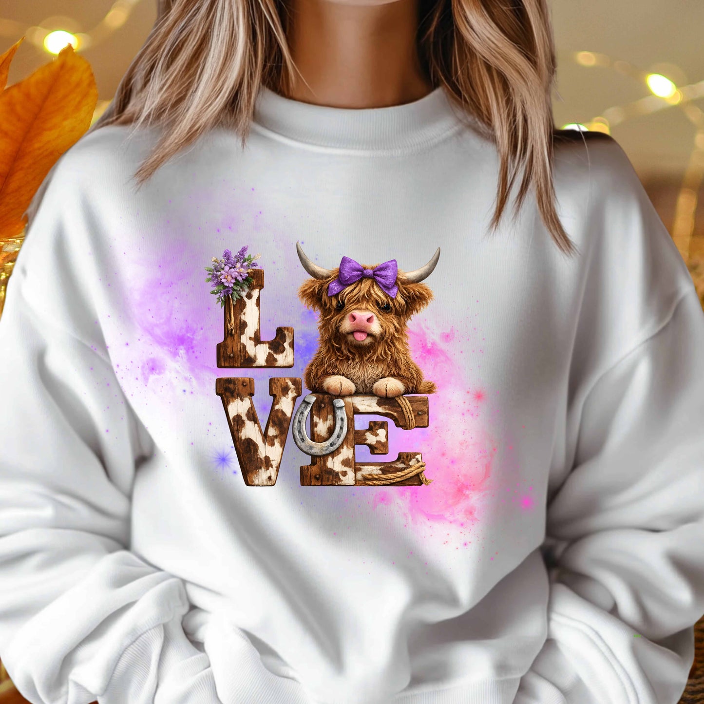 highland cow with love letters   Crewneck Pullover Sweatshirt