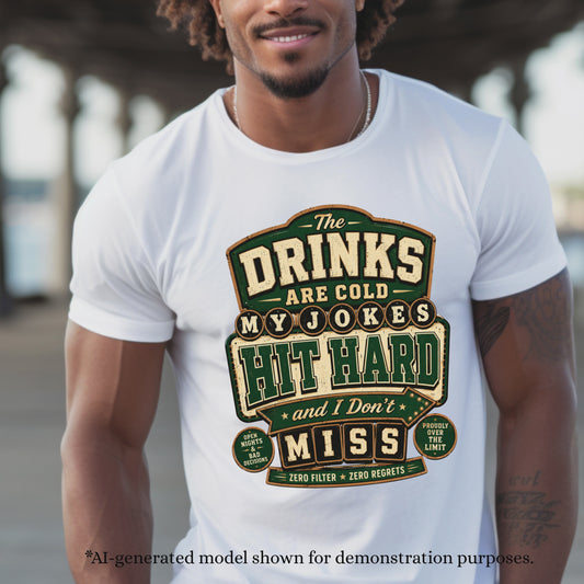 THE DRINKS ARE COLD MY JOKES HIT HARD AND I DON'T MISS. T-Shirt