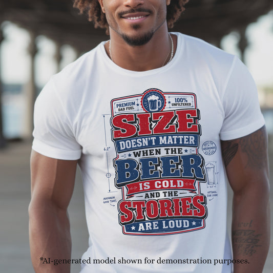 SIZE DOESN'T MATTER WHEN BEER IS COLD AND STORIES ARE LOUD.   T-Shirt