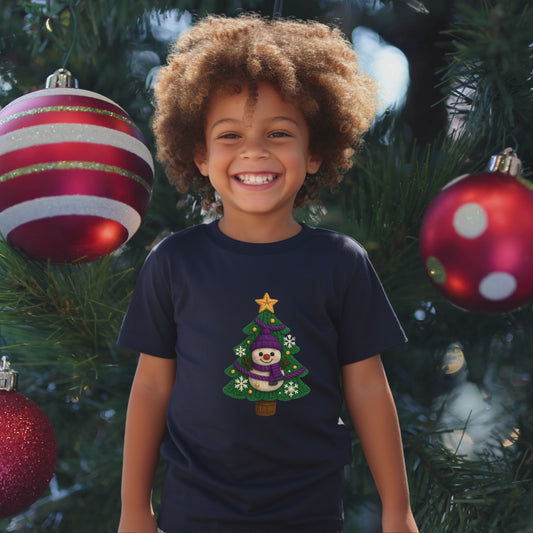 snowman on tree   Youth 100% Cotton T-Shirt