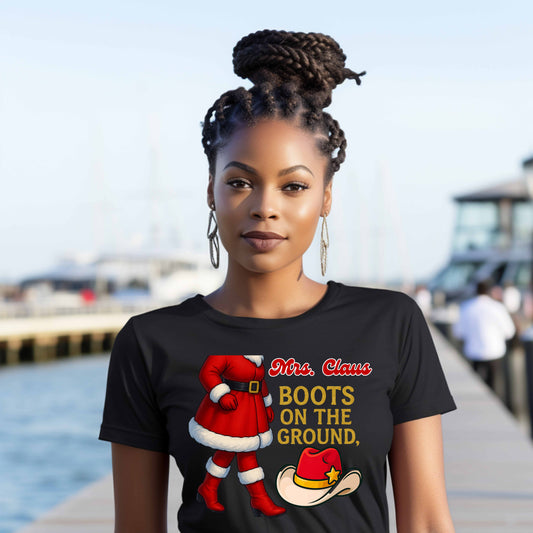 Mrs. Claus boots on the ground, Gildan 5.3 oz. T-Shirt