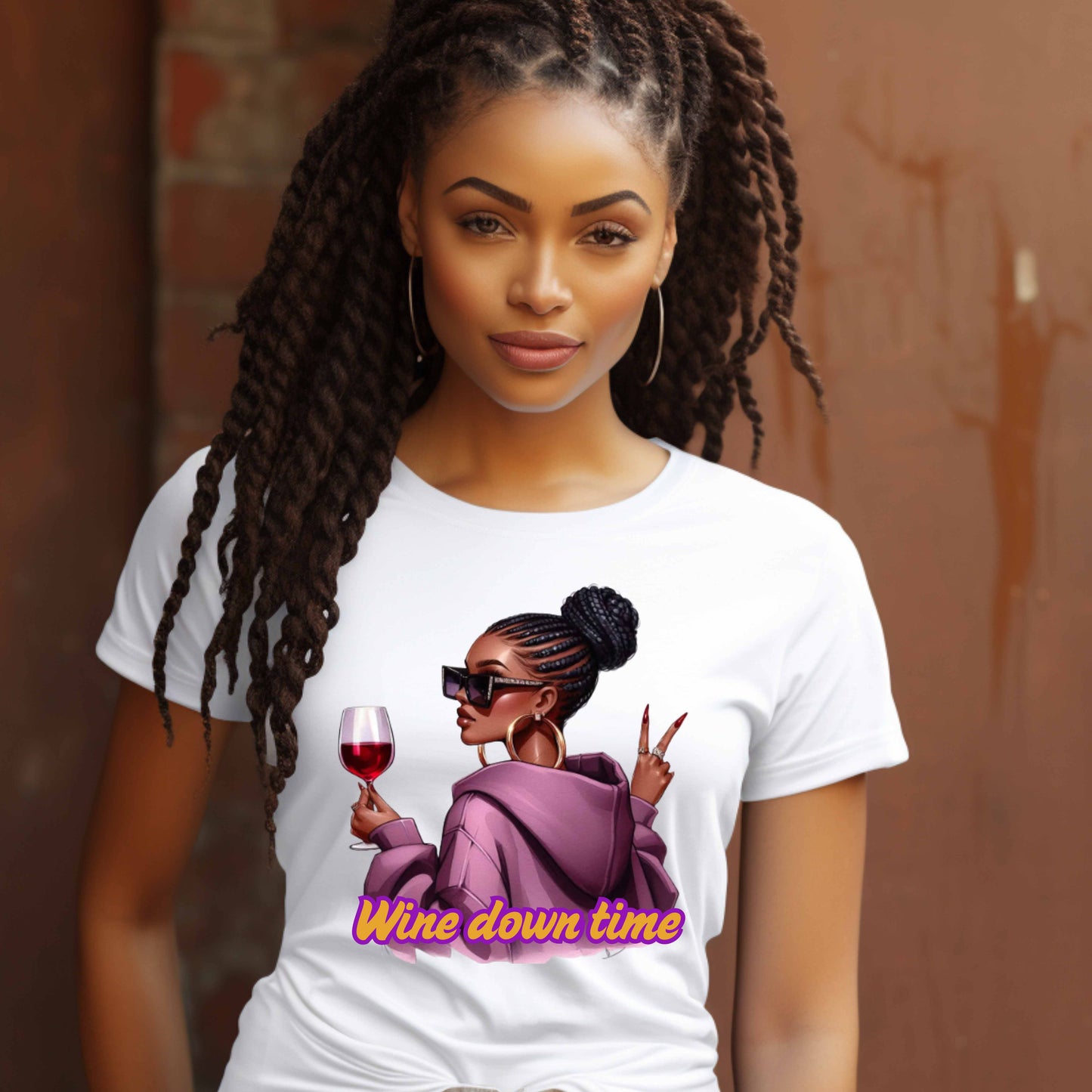 Wine down time.  African American woman wine in one hand and peace sign in the other.   Pullover Hoodie
